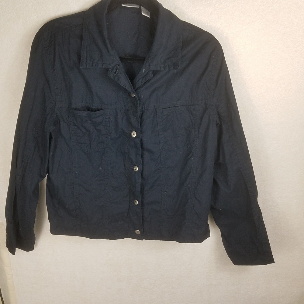 Chico's Button Front Jacket Womens Size 2 Black Cotton Utility western preppy